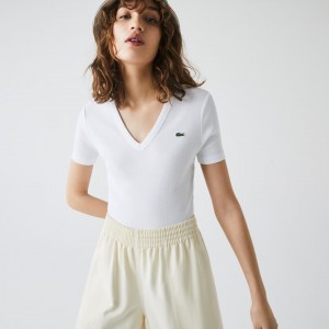 Camiseta Lacoste Feminino Branco Soft Cotton V-Neck DJ5-23642M7
