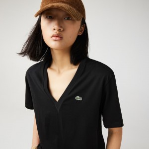 Camiseta Lacoste Feminino Pretas V-Neck Premium Cotton WR8-97729Z0