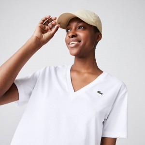 Camiseta Lacoste Feminino Branco V-Neck Premium Cotton DF1-39983N3
