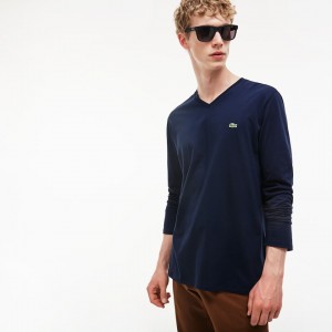 Camiseta Lacoste Masculino Azul Marinho Azuis V-neck Soft Cotton AP9-23202H9