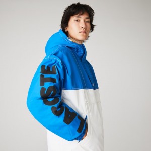 Casacos Lacoste Masculino Azuis Branco LIVE Light Water-Repellent Hooded Colorblock OS5-61086K7