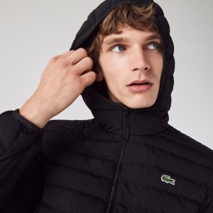 Casacos Lacoste Masculino Pretas Lightweight Foldable Hooded Water-Resistant Puffer DF9-44754A1