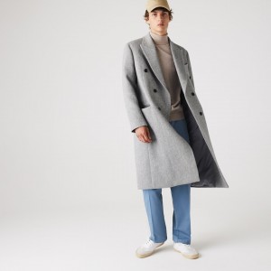 Casacos Lacoste Masculino Branco Cinzentas Long Double-Breasted Herringbone Wool AK4-52165P1