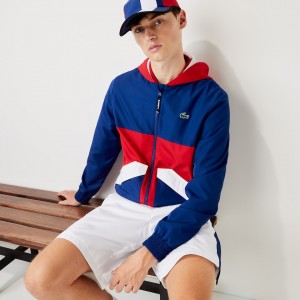 Casacos Lacoste Masculino Azuis Vermelhas Branco SPORT Hooded Water-Resistant Colorblock KD7-97749B8