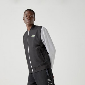 Casacos Lacoste Masculino Pretas Cinzentas Branco SPORT Two-Tone Print Fleece Zip Teddy ZJ4-70817R5