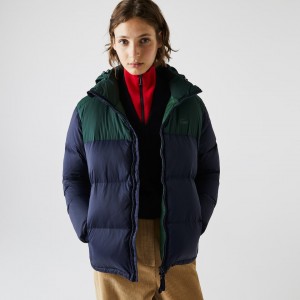 Casacos Lacoste Feminino Azul Marinho Azuis Verdes Stand-Up Collar Concealed Hood Colourblock Short EH2-54355J2