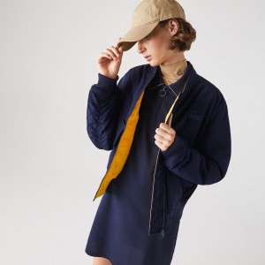 Casacos Lacoste Feminino Azul Marinho Azuis Amarelas Zippered Quilted Water-Resistant Bomber WQ1-69336R4