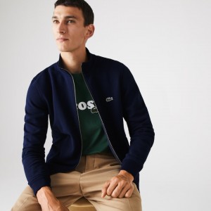 Casacos Lacoste Masculino Azul Marinho Azuis Zippered Stand-Up Collar Piqué Fleece SJ4-10711S6