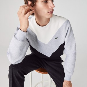 Moletons Lacoste Masculino Pretas Cinzentas Branco Colorblock Cotton Blend Crew Neck QZ9-76067W7