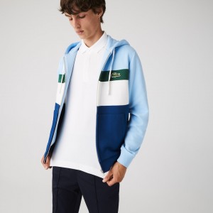 Moletons Lacoste Masculino Azuis Branco Verdes Azuis Colorblock Fleece Zippered Hooded IZ7-09070N3