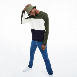 Moletons Lacoste Masculino Azul Marinho Azuis Branco Caqui Verdes Crew Neck Colorblock Piqué Fleece OC6-79827M4