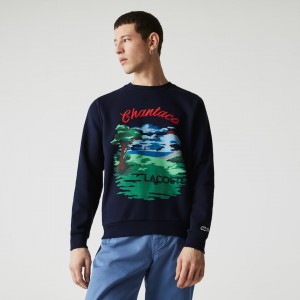 Moletons Lacoste Masculino Azul Marinho Azuis Vermelhas Crew Neck Landscape Print Fleece YE7-72357W1