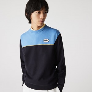 Moletons Lacoste Masculino Azul Marinho Azuis Azuis Heritage Badge Colorblock Cotton Fleece OK7-34943B8