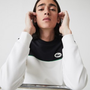 Moletons Lacoste Masculino Branco Azul Marinho Azuis Heritage Badge Colorblock Cotton Fleece XE2-18411O0