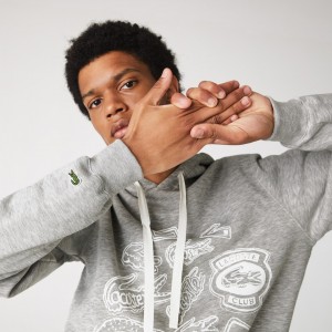 Moletons Lacoste Masculino Cinzentas Hooded Badge Print Fleece AO8-88098E5
