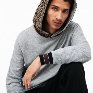 Moletons Lacoste Masculino Cinzentas Branco LIVE Leopard Print Hood Fleece NP4-46994M1