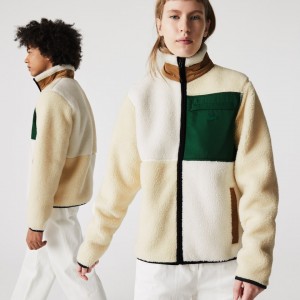 Moletons Lacoste Masculino Bege Branco LIVE Relaxed Fit Colorblock Sheepskin Fleece GS5-78807Q3