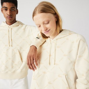 Moletons Lacoste Feminino Bege LIVE Relaxed Fit Hooded Monogram Cotton ZB5-92679R0