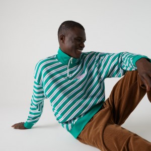 Moletons Lacoste Masculino Verdes Branco LIVE Striped Stand-Up Collar Cotton FT3-35713R7