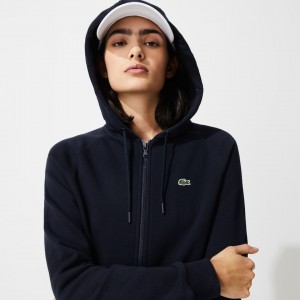 Moletons Lacoste Feminino Azul Marinho Azuis SPORT Hooded Fleece Zip Tennis KM2-66176P0
