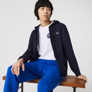 Moletons Lacoste Masculino Azul Marinho Azuis SPORT Hooded Lightweight Bi-material NJ6-67656U0