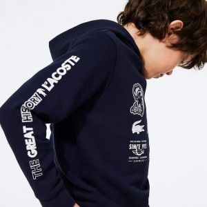 Moletons Lacoste Criança Azul Marinho Azuis Branco Signature Logos Cotton-Blend Hoodie BY3-25212J1