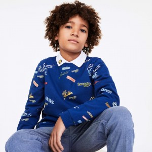 Moletons Lacoste Criança Azuis Branco Signature Print Cotton Fleece PH0-17191Q9