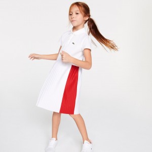 Vestido Polo Lacoste Feminino Branco Vermelhas Pleated Lightweight Cotton Piqué XK5-17781K9