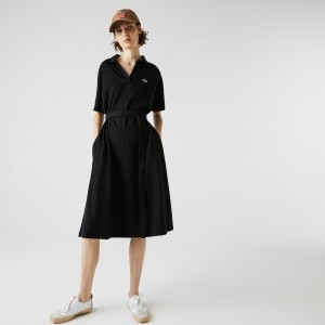 Vestido Polo Lacoste Feminino Pretas V-neck Fitted Flowy Piqué SA7-68076D2