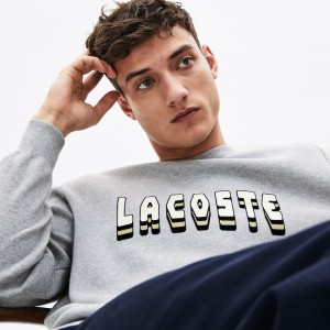 Suéteres Lacoste Masculino Cinzentas 3D-Lettering Crewneck Cotton Blend AO5-57345U0