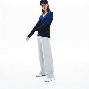 Suéteres Lacoste Feminino Azul Marinho Azuis Colorblock Cotton V-neck RK1-66736M7
