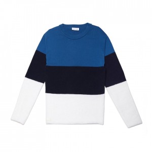 Suéteres Lacoste Feminino Branco Azul Marinho Azuis Crew Neck Colorblock Cotton, Mohair And Wool Jersey HR2-95939O0