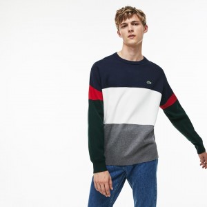 Suéteres Lacoste Masculino Cinzentas Branco Azuis Vermelhas Verdes Crew Neck Colorblock Flat Ribbed Cotton OE1-06560W7