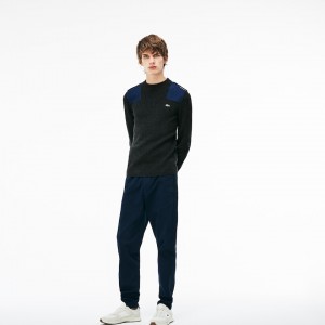 Suéteres Lacoste Masculino Cinzentas Azul Marinho Azuis Crew Neck Colorblock Ribbed Wool And Cotton AL7-51395G4