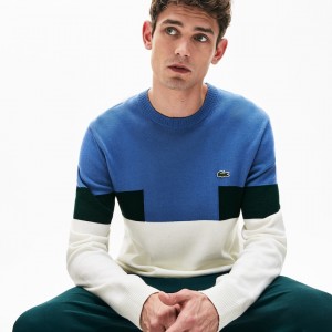 Suéteres Lacoste Masculino Branco Azuis Verdes Crew Neck Colorblock Wool And Cotton Blend QB6-37303Y3