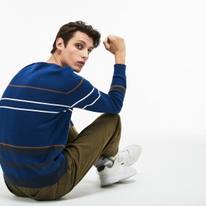 Suéteres Lacoste Masculino Azul Marinho Azuis Azuis Marrom Branco Crew Neck Multicolor Striped Milano Cotton UN8-14551O6