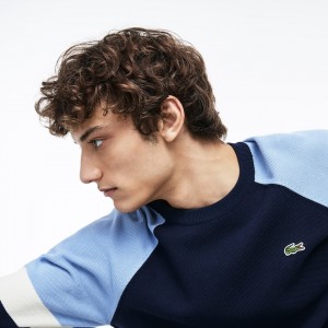 Suéteres Lacoste Masculino Azul Marinho Azuis Branco Luz Azuis Crew Neck Raglan Sleeved IO1-06480M5