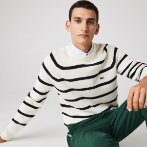 Suéteres Lacoste Masculino Branco Azul Marinho Azuis Crew Neck Striped Ribbed Wool NZ1-54365N6