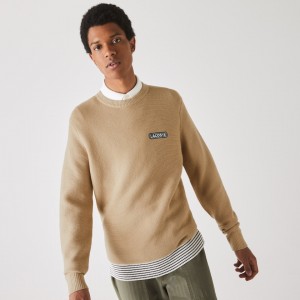 Suéteres Lacoste Masculino Bege Branco Azul Marinho Azuis Crew Neck Textured Wool And Cotton RT4-92809I3