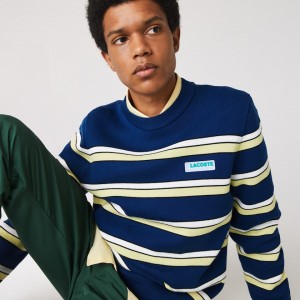 Suéteres Lacoste Masculino Azuis Branco LIVE Striped Cotton Crew Neck EF9-31143M7