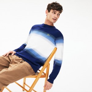 Suéteres Lacoste Masculino Azul Marinho Azuis Azuis Branco Made In France Degraded Cotton Crew Neck OX8-13471G5