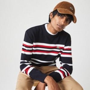 Suéteres Lacoste Masculino Azul Marinho Azuis Branco Vermelhas Made in France Striped Organic Cotton Crew Neck XC6-00760X1
