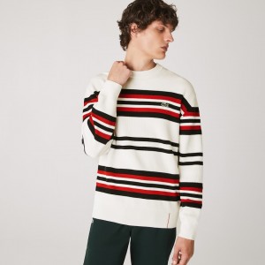 Suéteres Lacoste Masculino Branco Azul Marinho Azuis Vermelhas Made in France Striped Organic Cotton Crew Neck IX7-13771A2