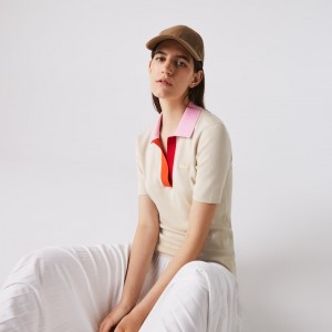 Suéteres Lacoste Feminino Bege Rosa Vermelhas Polo Collar Two-Tone Cotton AQ3-92349S5