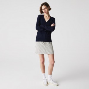 Suéteres Lacoste Feminino Azul Marinho Azuis Relaxed V-Neck Organic Cotton LE4-59285P2