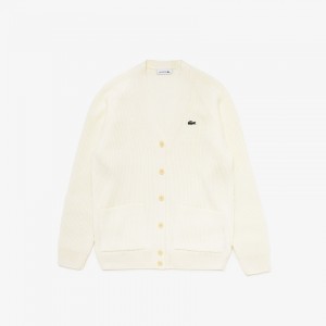 Suéteres Lacoste Feminino Branco Ribbed Wool Blend V-neck Cardigan OS3-89968C5