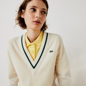 Suéteres Lacoste Feminino Branco Amarelas Verdes SPORT Recycled Cashmere V-neck Golf MT8-16281J8