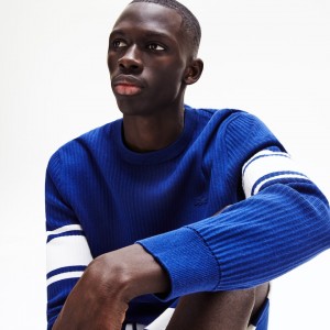 Suéteres Lacoste Masculino Azul Marinho Azuis Branco Striped Sleeves Cotton And Linen Blend Crew Neck UH0-13321F2