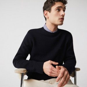Suéteres Lacoste Masculino Azul Marinho Azuis Textured Striped Wool-Blend FX4-29272J2