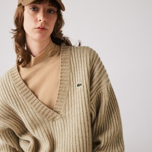Suéteres Lacoste Feminino Bege Two-Tone Low V-Neck Ribbed Wool BZ6-29512S9